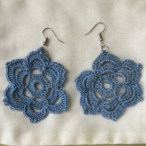 Unique Handcrafted Blue Crochet Flower Earrings